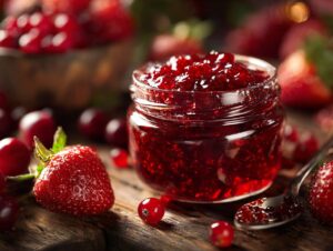 A close-up of a jar filled with glistening, ruby-red Christmas jam, surrounded by fresh strawberries and cranberries.