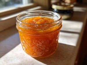 A close-up shot of a glass jar filled with chunky pear preserves, bathed in sunlight.