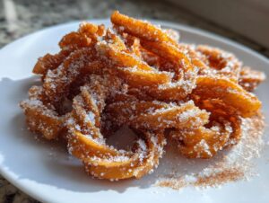 A close-up of freshly fried churros, generously coated in sugar and cinnamon, piled on a white plate.