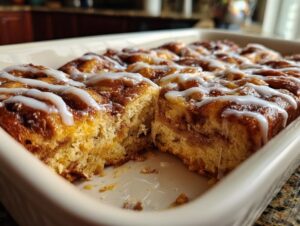 Close-up of a freshly baked cinnamon roll casserole in a white baking dish, drizzled with white icing.