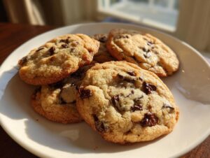 A close-up of several classic chocolate chip cookies piled on a white plate, with visible chocolate chunks.