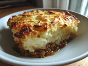 A close-up of a hearty slice of Classic Shepherd's Pie, featuring a rich meat filling topped with fluffy, browned mashed potatoes.