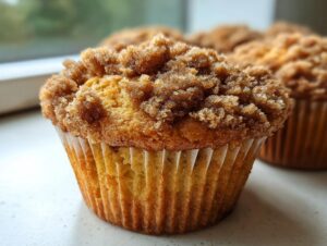 Close-up of a golden brown coffee cake muffin with a generous crumbly streusel topping.