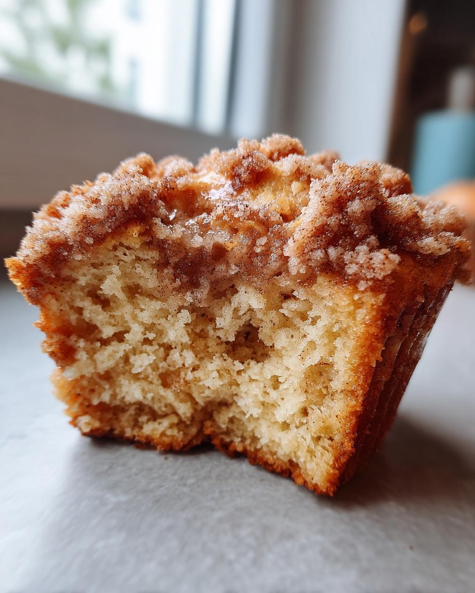 A close-up view of a coffee cake muffin, showing its moist crumb and cinnamon streusel topping. A bite has been taken out.