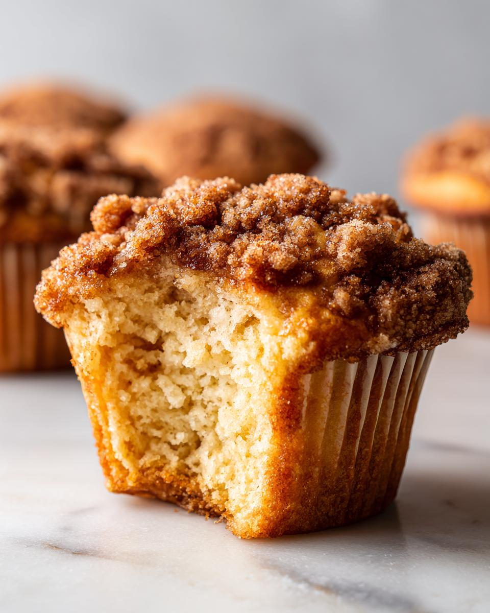 A close-up of a coffee cake muffin with a bite taken out, showing its fluffy interior and crumbly streusel topping.