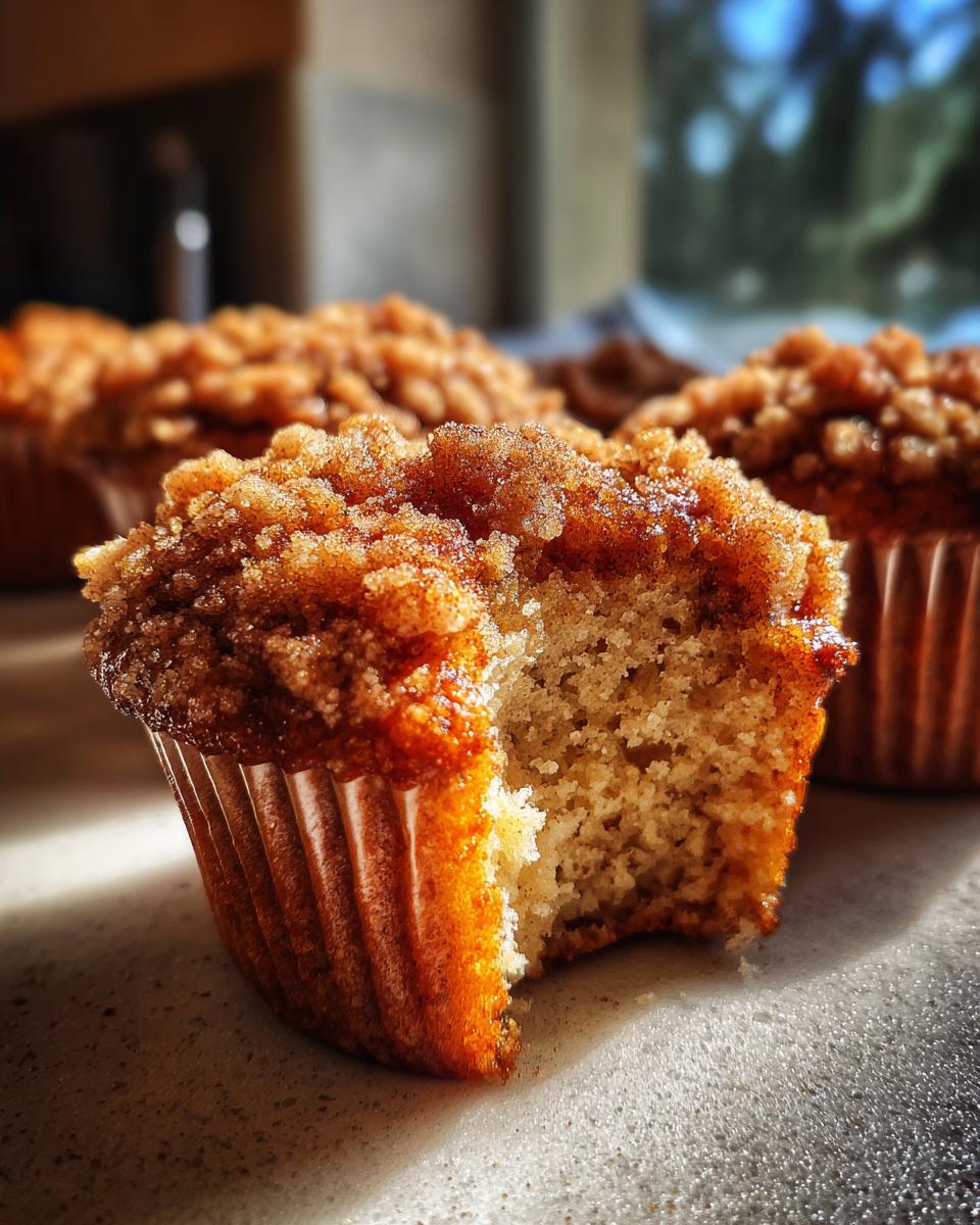 Close-up of a coffee cake muffin with a bite taken out, showing a crumbly streusel topping and moist interior.