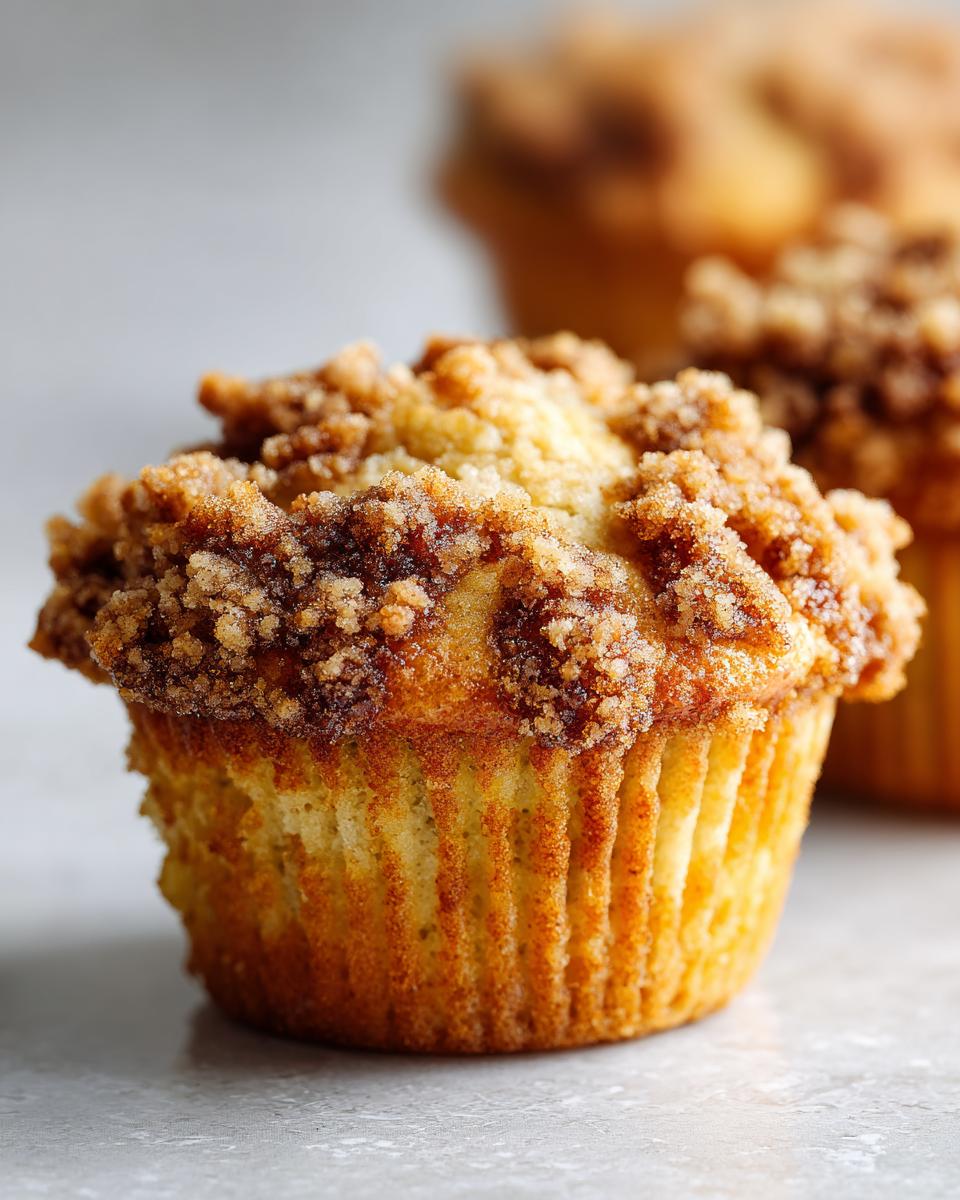 Close-up of a golden-brown coffee cake muffin topped with a generous amount of crumbly streusel.