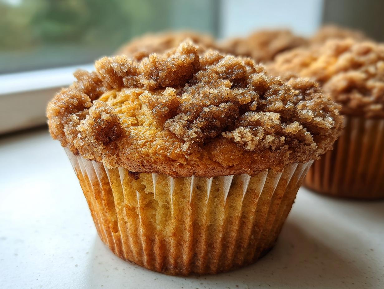 Close-up of a golden brown coffee cake muffin with a generous crumbly streusel topping.