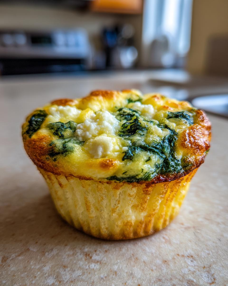 A close-up of a baked Cottage Cheese Egg Cup with Spinach & Feta, golden brown and fluffy.