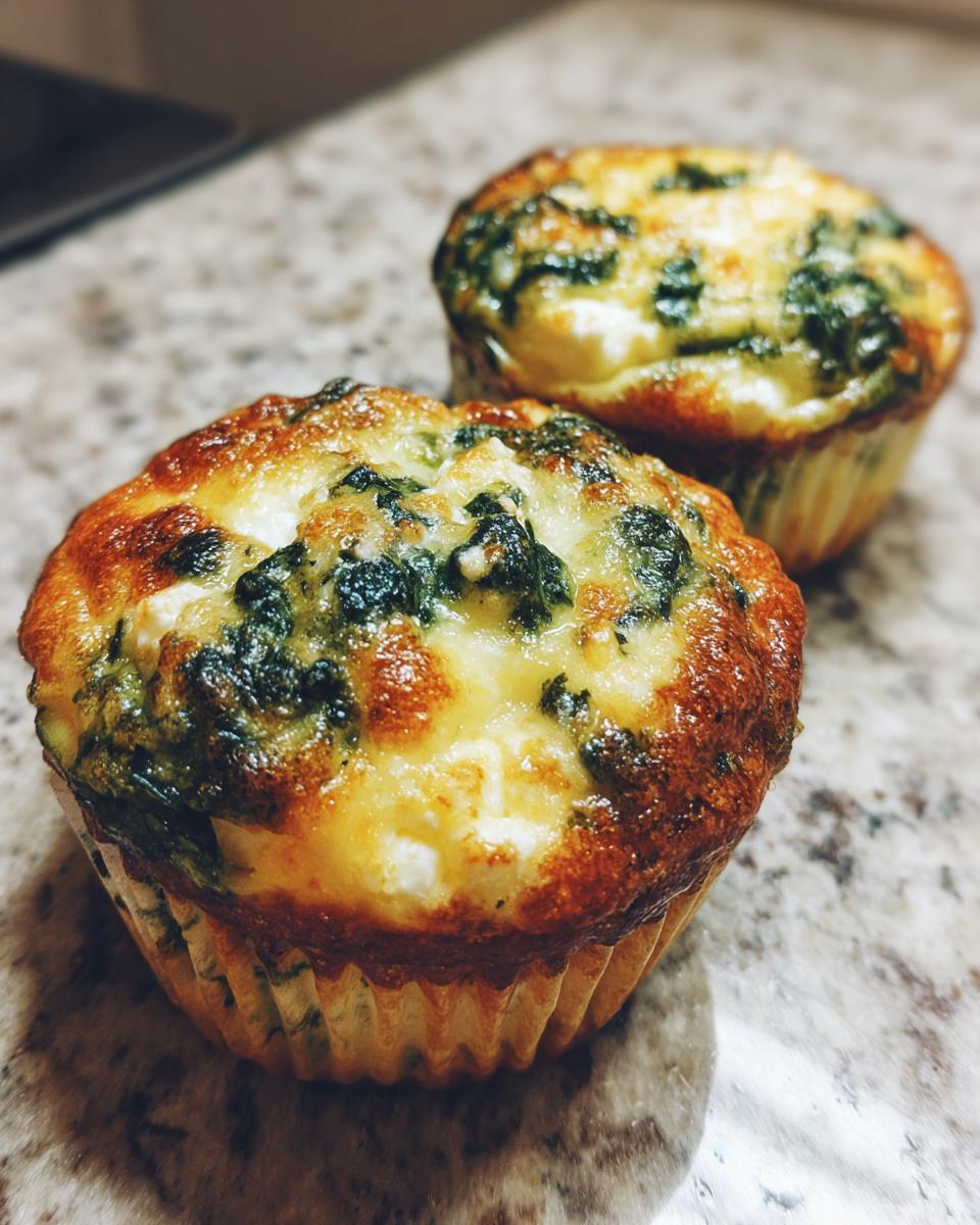 Two golden-brown Cottage Cheese Egg Cups With Spinach & Feta, baked in muffin liners, on a speckled countertop.