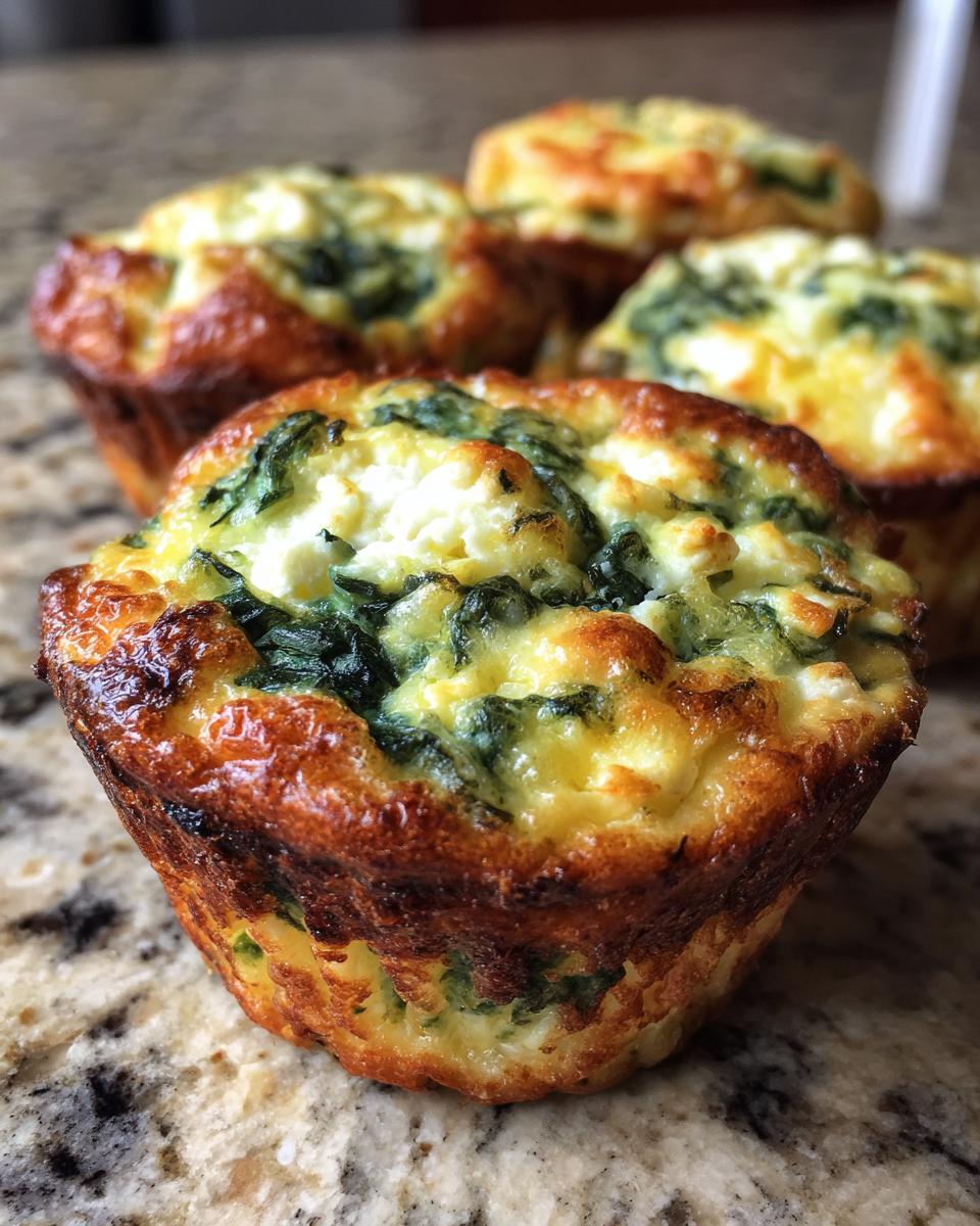 Close-up of golden-brown Cottage Cheese Egg Cups With Spinach & Feta, showing fluffy egg, green spinach, and white feta cheese.