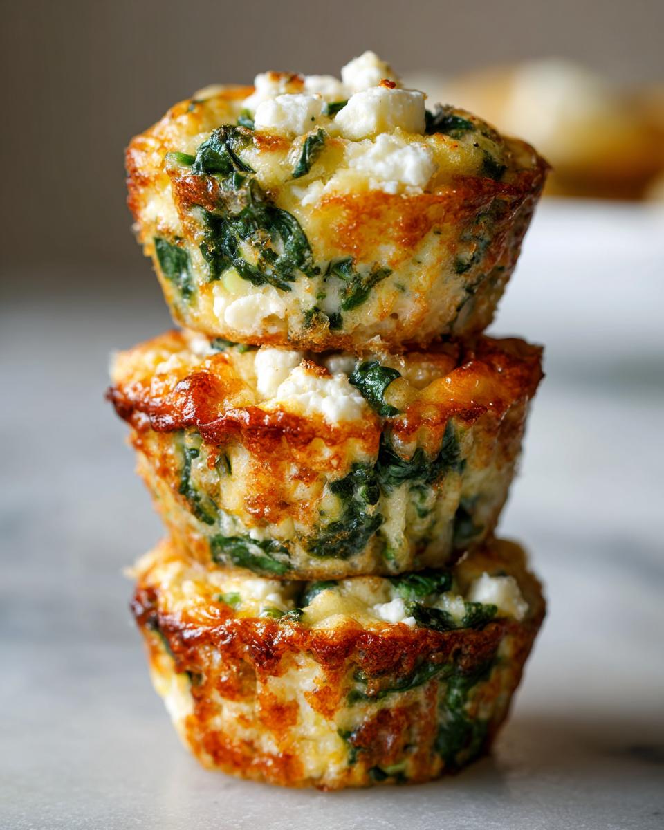 A stack of three Cottage Cheese Egg Cups With Spinach & Feta, showcasing golden-brown edges and crumbled feta cheese on top.