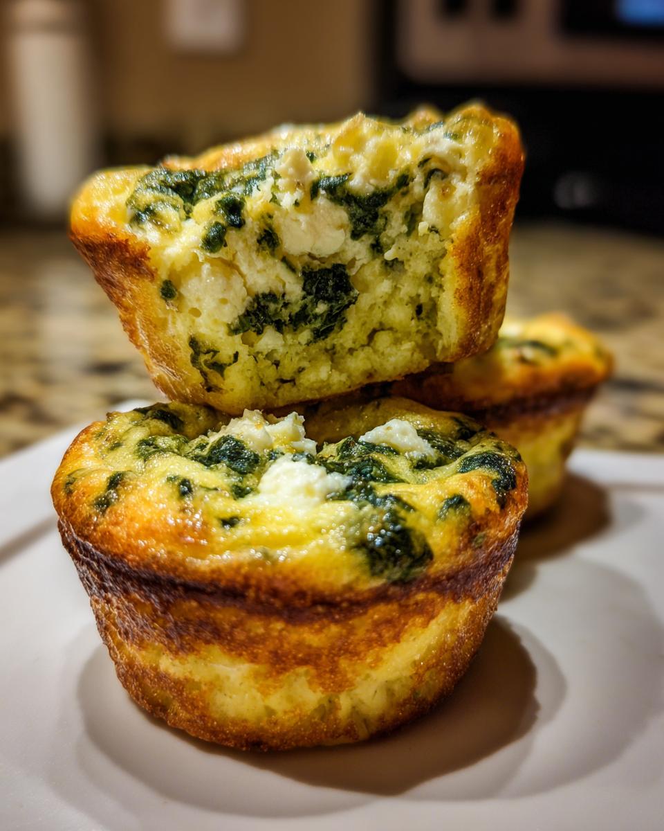 A stack of golden-brown Cottage Cheese Egg Cups With Spinach & Feta, one cut in half to show the fluffy interior and crumbled feta.