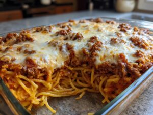 Close-up of a creamy baked spaghetti casserole topped with melted cheese and a rich meat sauce.