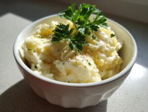 A white bowl filled with creamy mashed potatoes, topped with fresh parsley and a sprinkle of pepper. Served with garlic aioli.