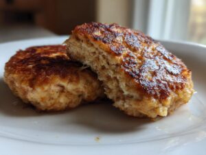 Close-up of two golden-brown crispy tuna patties stacked on a white plate, showcasing their texture.