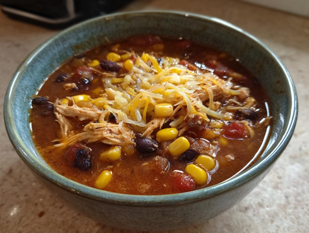A close-up of a bowl of Crockpot Chicken Enchilada Soup, topped with shredded cheese, corn, and black beans.