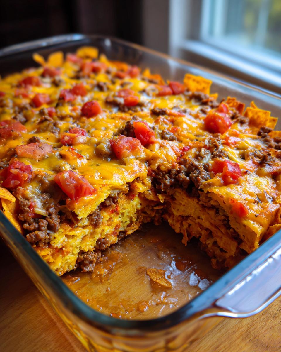 A slice taken out of a bubbly Dorito Casserole, revealing layers of ground beef, melted cheese, and crushed Doritos.