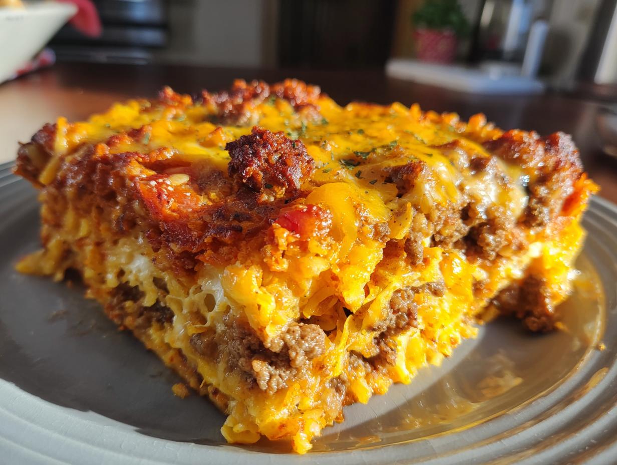 A close-up of a hearty slice of Dorito Casserole, featuring layers of seasoned ground beef, cheese, and crushed Doritos.