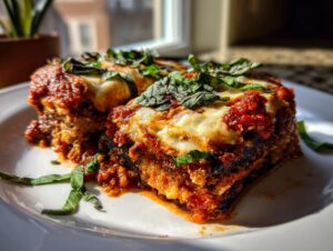 Two slices of crispy eggplant parmesan bake on a white plate, topped with marinara sauce, melted cheese, and fresh basil.