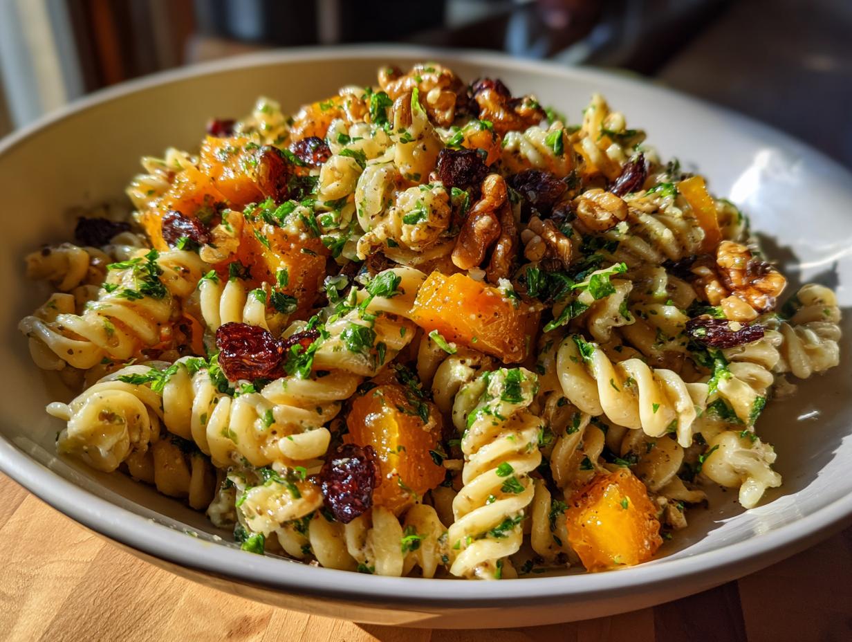 A close-up of a vibrant fall pasta salad featuring fusilli pasta, roasted butternut squash, dried cranberries, walnuts, and fresh parsley.
