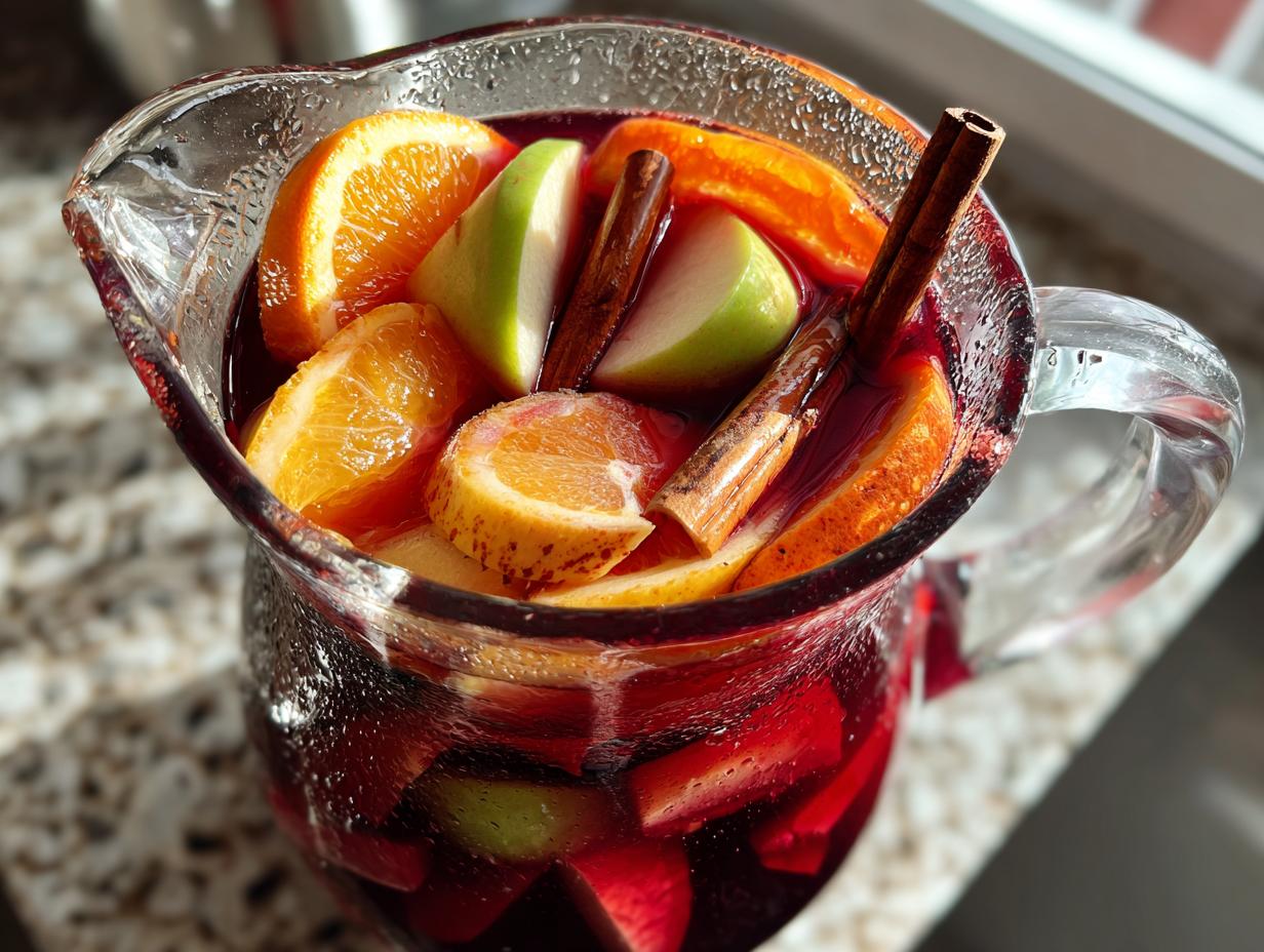 Close-up of a pitcher filled with vibrant red fall sangria, featuring slices of oranges, green apples, and cinnamon sticks.