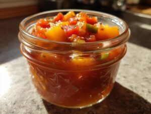 A close-up of a glass jar filled with vibrant fresh tomato canned salsa, showing chunks of tomatoes, peppers, and onions.