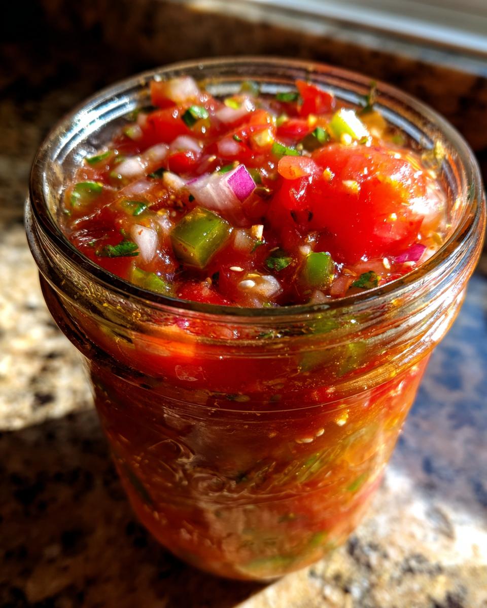 Close-up of a glass jar filled with vibrant fresh tomato canned salsa, showing chunks of tomatoes, onions, and peppers.