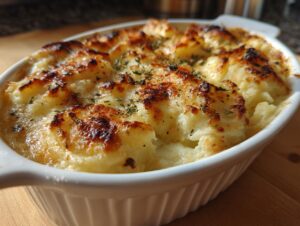 Close-up of baked garlic parmesan mashed potatoes in a white casserole dish, topped with herbs.