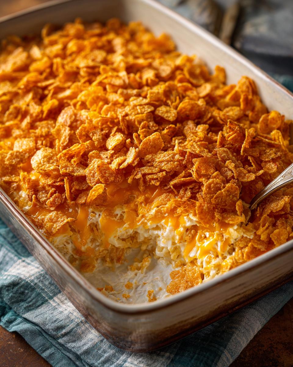 Close-up of a golden hashbrown casserole with a crunchy cornflake topping and melted cheddar cheese.