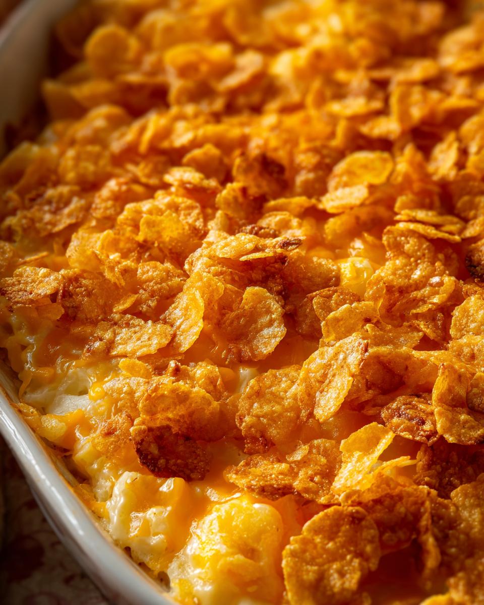 Close-up of a golden hashbrown casserole topped with crunchy cornflakes and melted cheese.