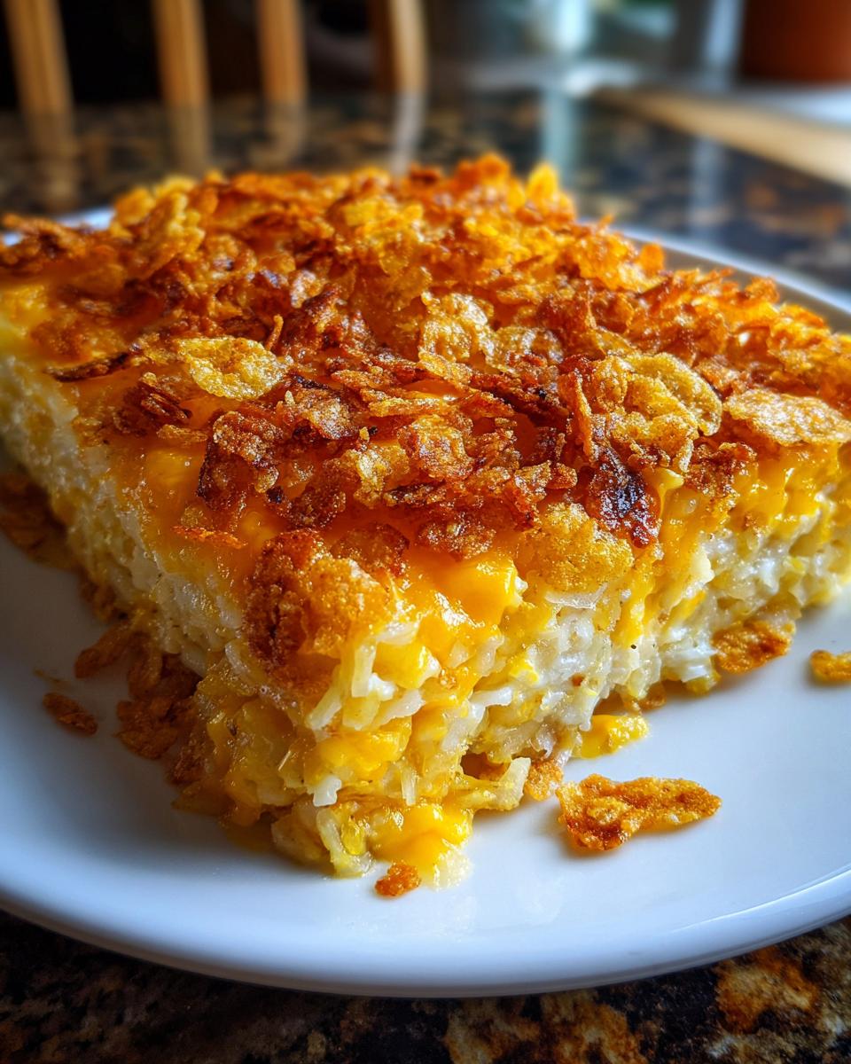 A close-up of a serving of hashbrown casserole on a white plate, featuring melted cheese and a crunchy, golden-brown cornflake topping.
