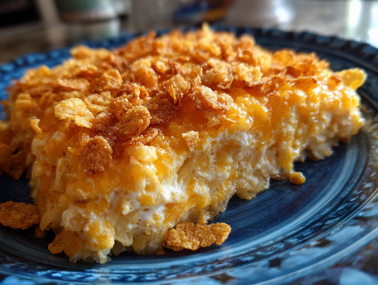 A close-up of a golden-brown slice of hashbrown casserole topped with crunchy cereal.