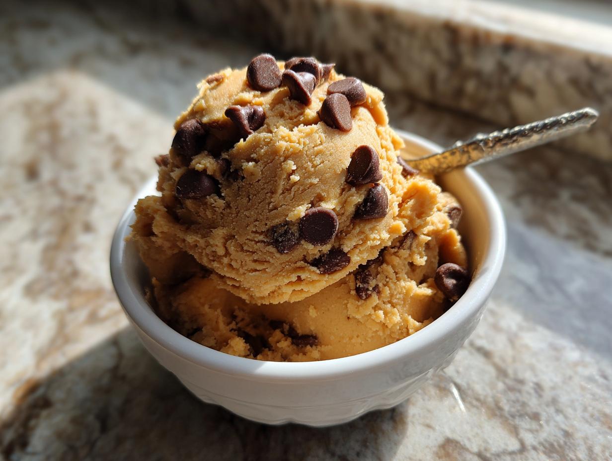 A white bowl filled with delicious high protein cookie dough, studded with mini chocolate chips, and a spoon resting on the side.