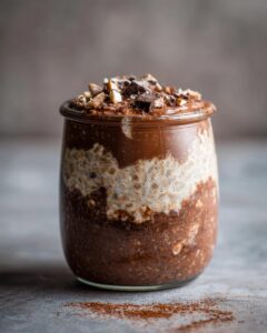 A layered jar of high protein overnight oats with chocolate, oats, and a nut and chocolate chip topping.