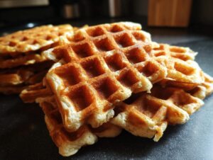 A close-up stack of golden brown, fluffy high protein waffles on a dark countertop.