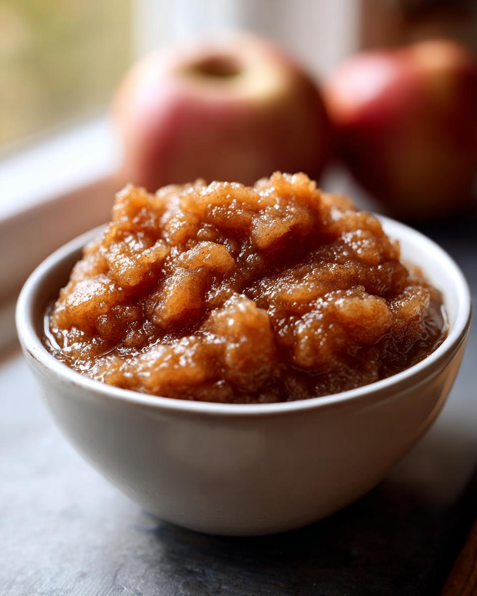 Close-up of a white bowl filled with chunky, cinnamon-spiced homemade applesauce, with apples blurred in the background.