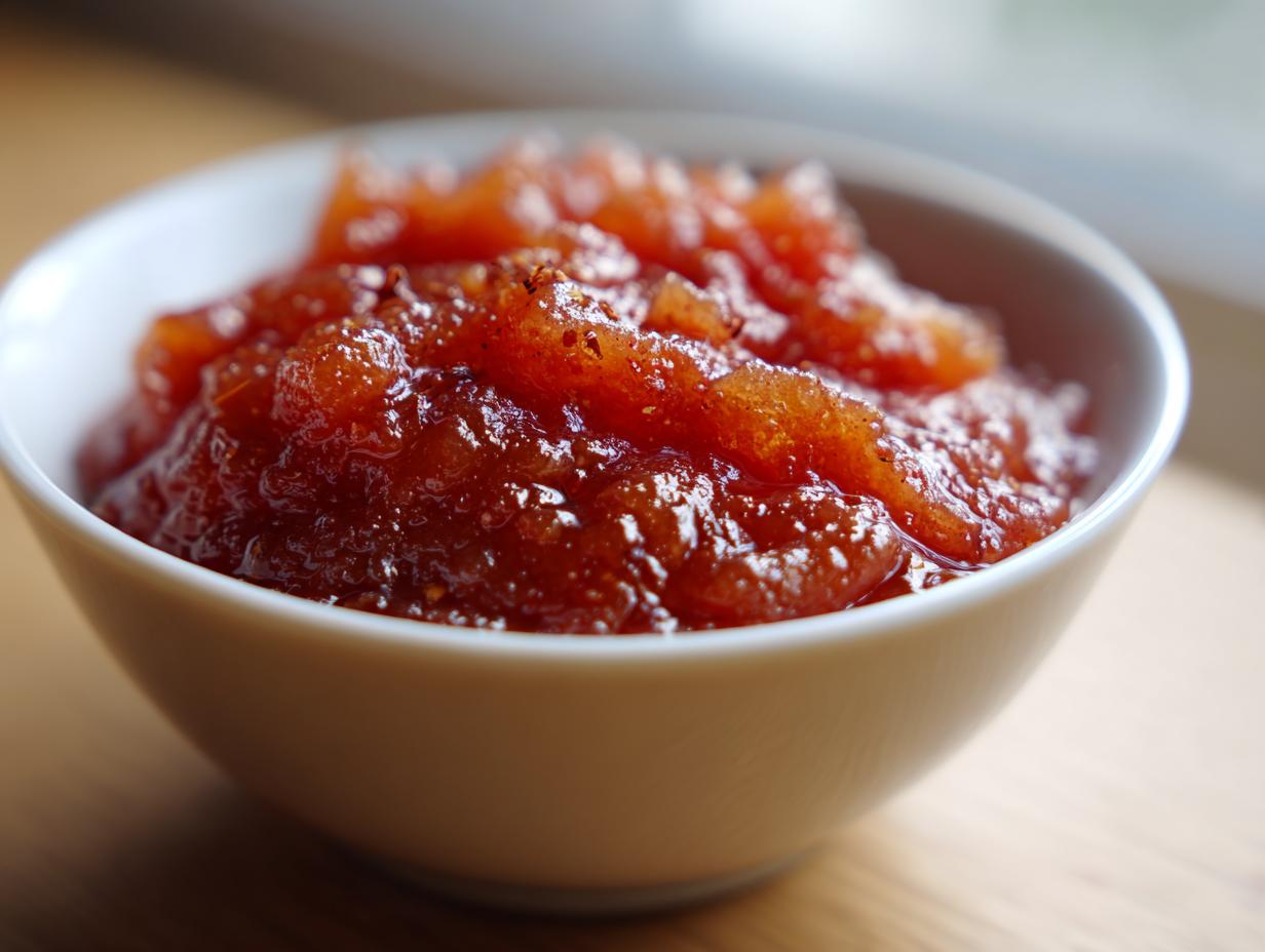 Close-up of a white bowl filled with chunky, warm homemade applesauce.