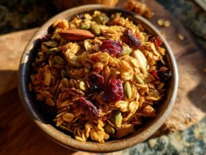 A close-up bowl of delicious homemade granola, featuring oats, dried cranberries, pumpkin seeds, and an almond.