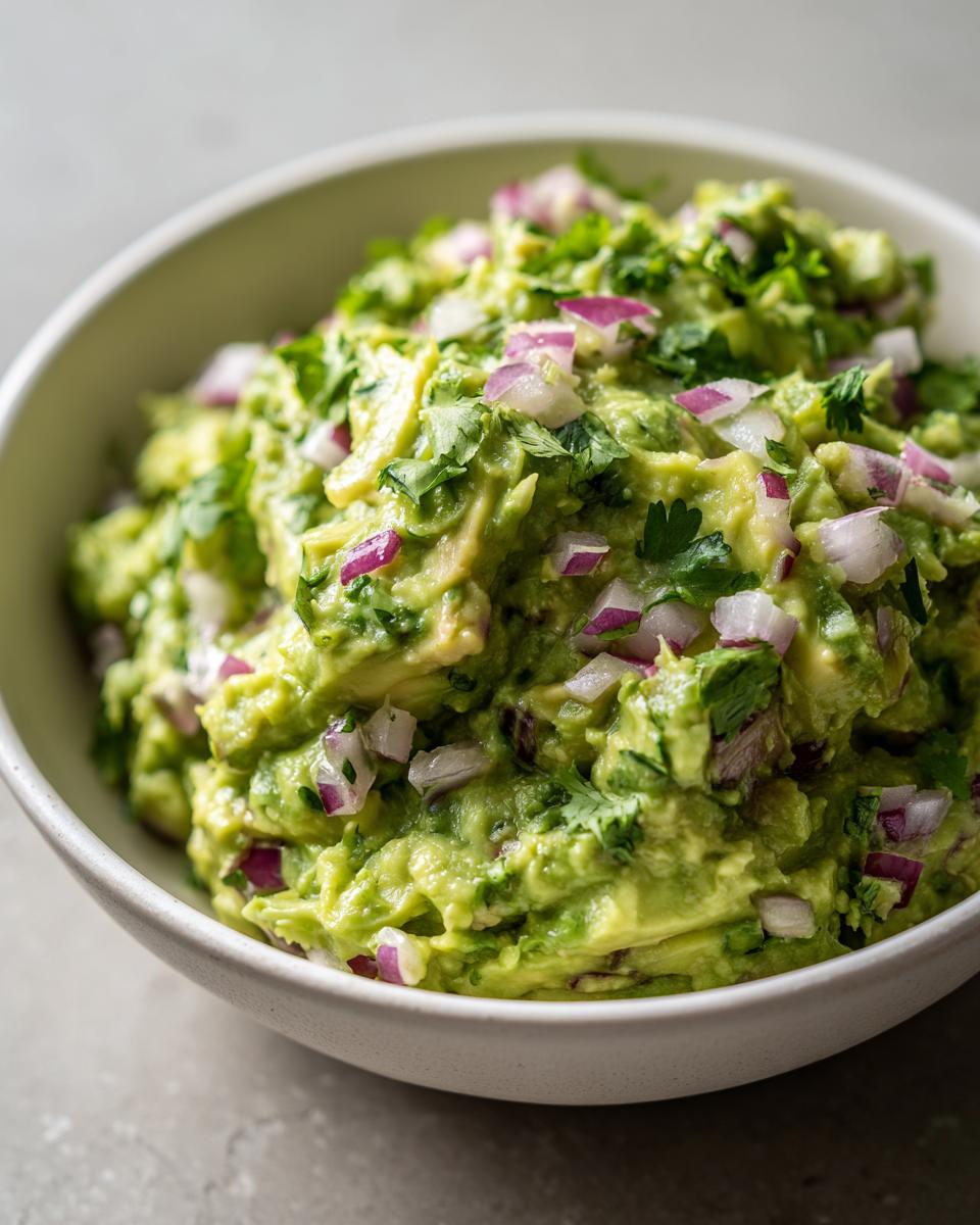A bowl of chunky Homemade Guacamole, topped with diced red onion and fresh cilantro.