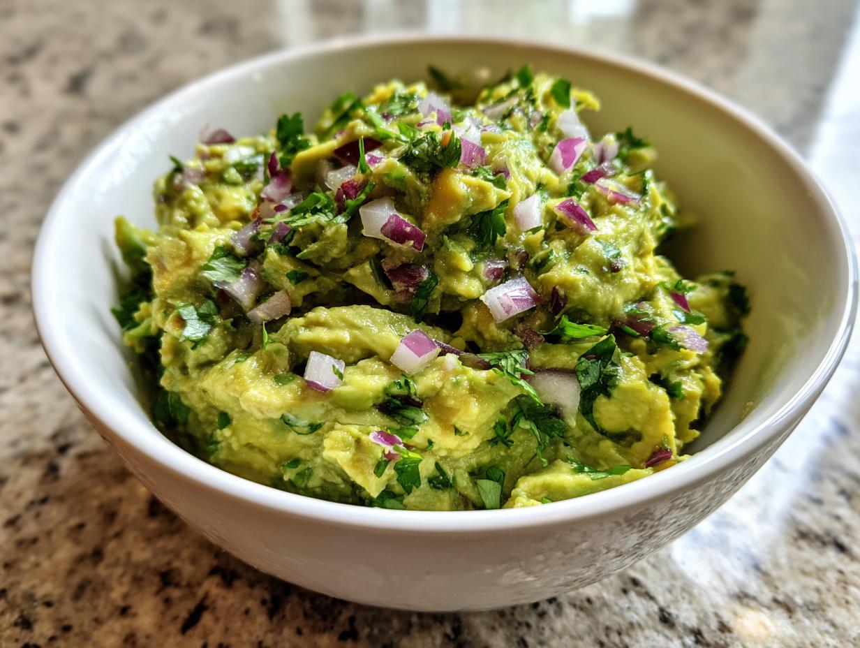 A bowl of chunky Homemade Guacamole topped with diced red onion and fresh cilantro.