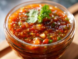 Close-up of vibrant, chunky homemade salsa in a clear glass bowl, garnished with cilantro.