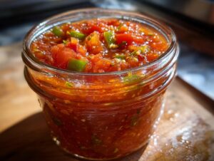 Close-up of a glass jar filled with vibrant homemade tomato salsa, perfect for canning.