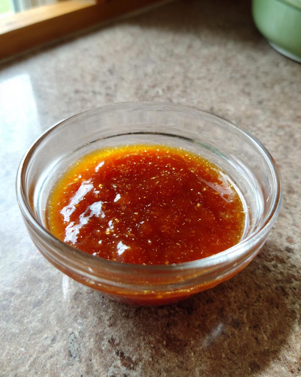 A close-up of a small glass bowl filled with glistening honey BBQ sauce, showing its rich amber color and texture.