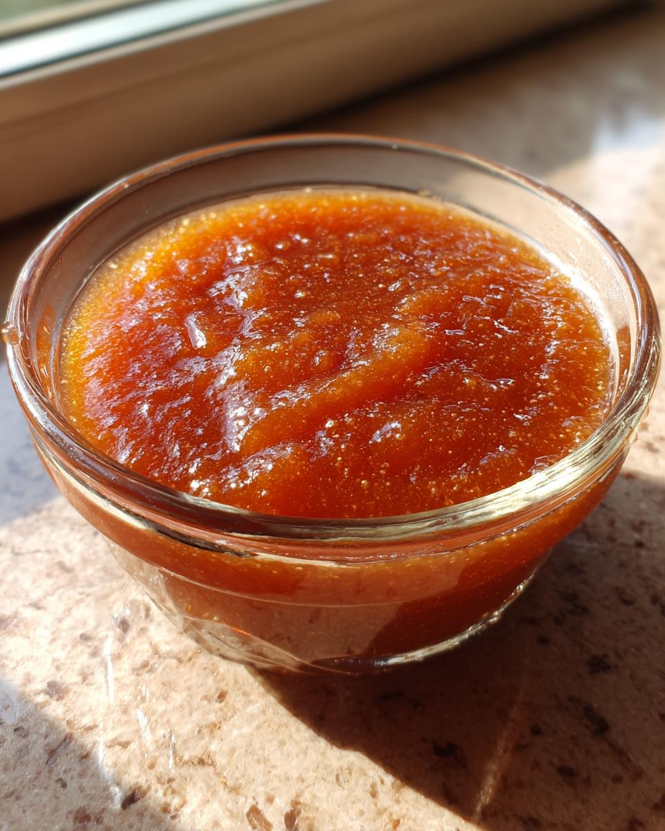 A close-up of a glass bowl filled with glossy, rich honey BBQ sauce.