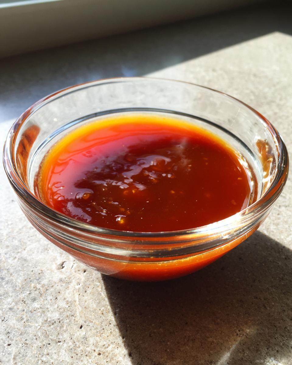 A clear glass bowl filled with rich, glossy honey BBQ sauce, catching the sunlight.