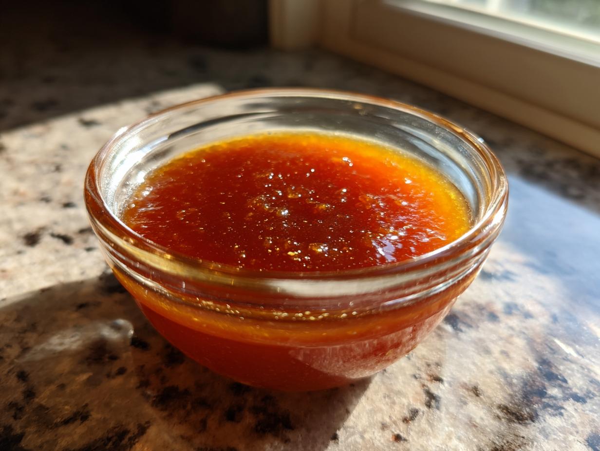 A close-up of a clear glass bowl filled with rich, amber-colored honey BBQ sauce.