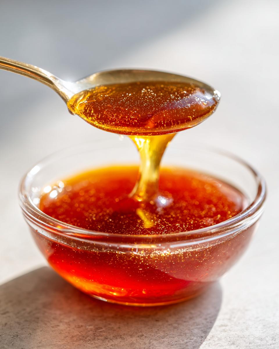 A spoon dripping rich, amber honey BBQ sauce into a small glass bowl.