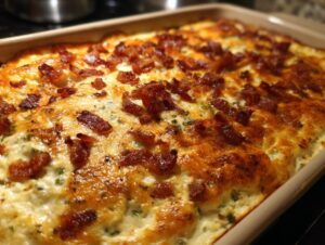 Close-up of a baked Jalapeño Popper Dip topped with crispy bacon in a baking dish.