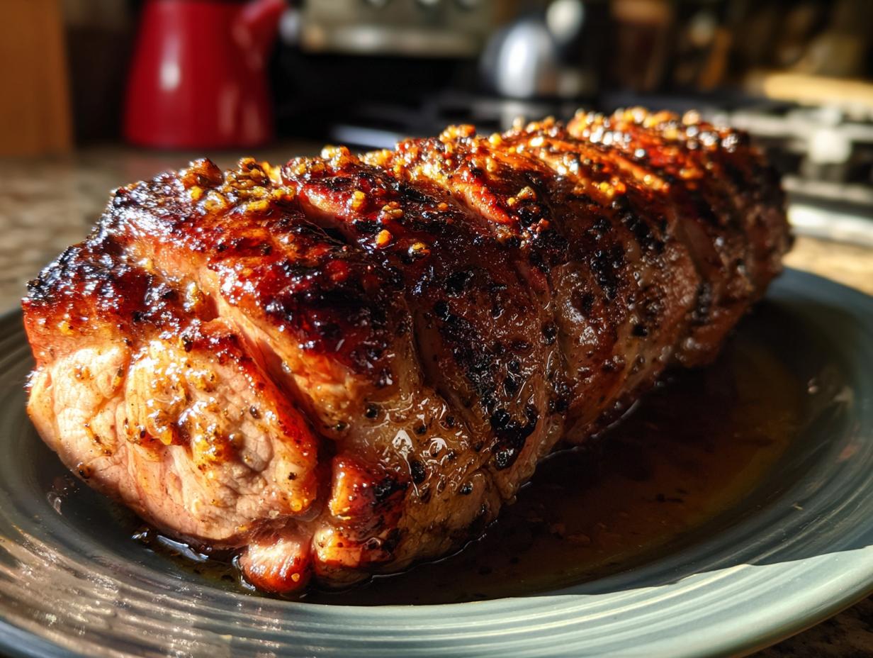 A close-up of a perfectly roasted maple mustard pork tenderloin, glistening with glaze and spices.